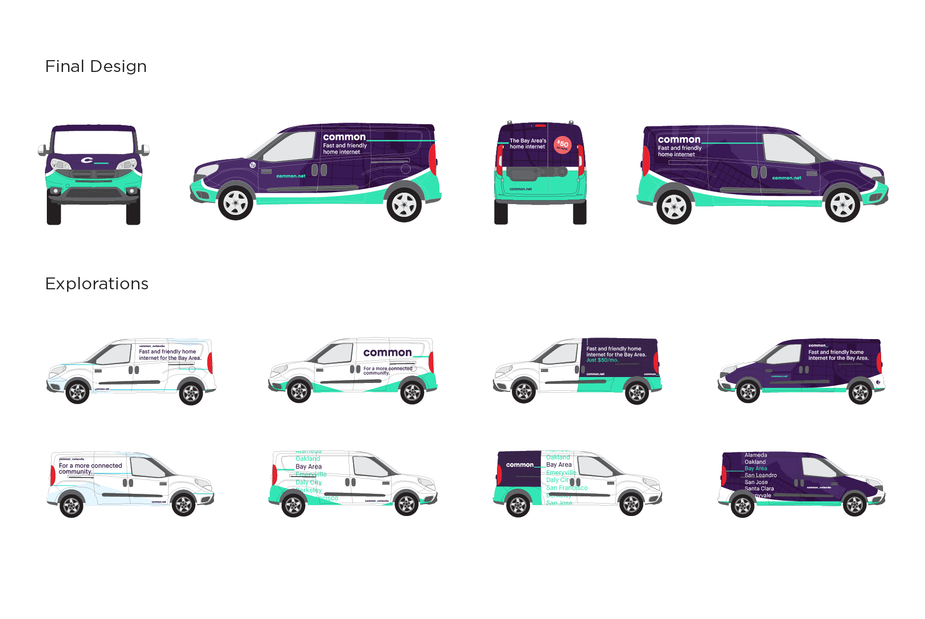 Final van wrap designs followed by array of earlier designs and iterations.