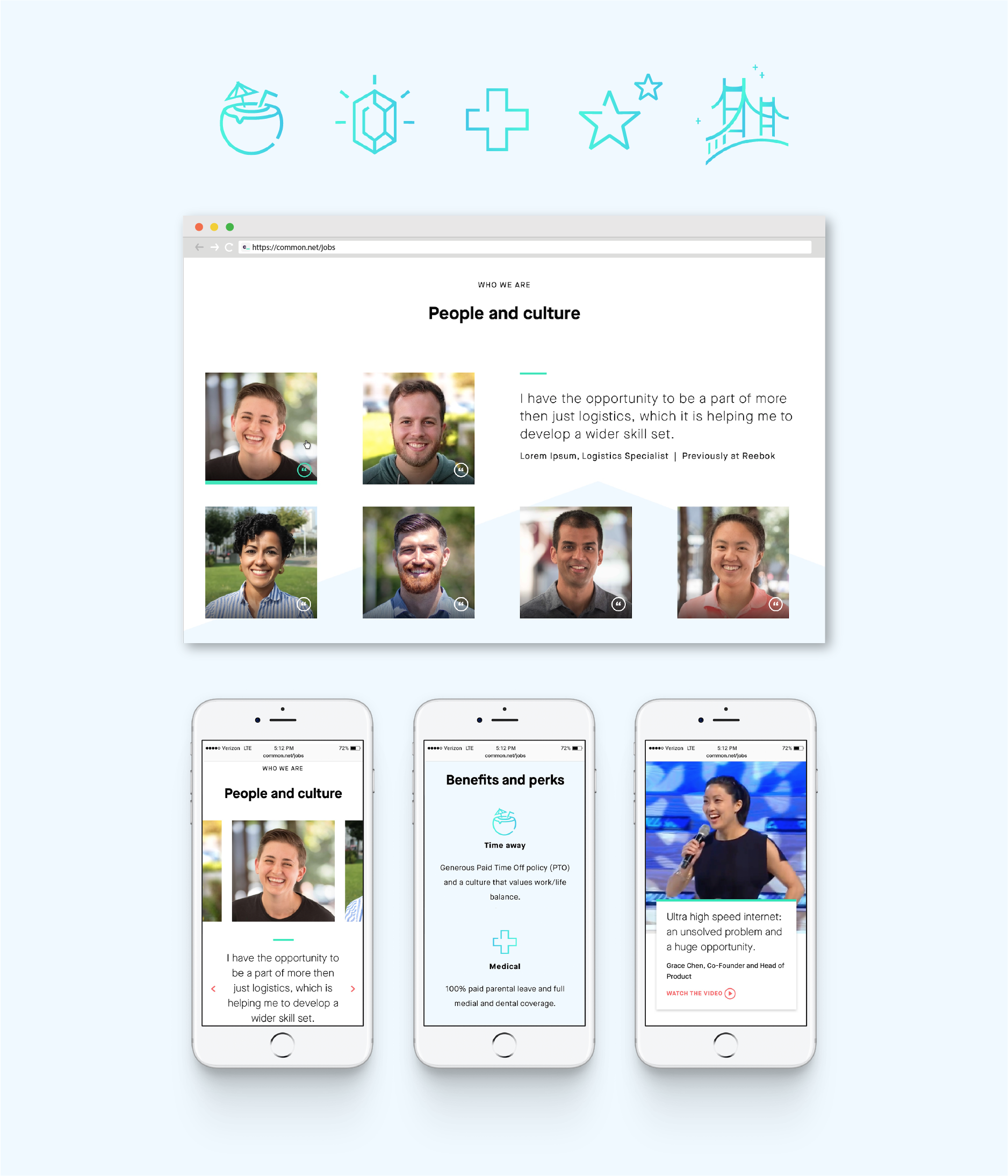 Icons, desktop, and mobile designs for Common Networks jobs page